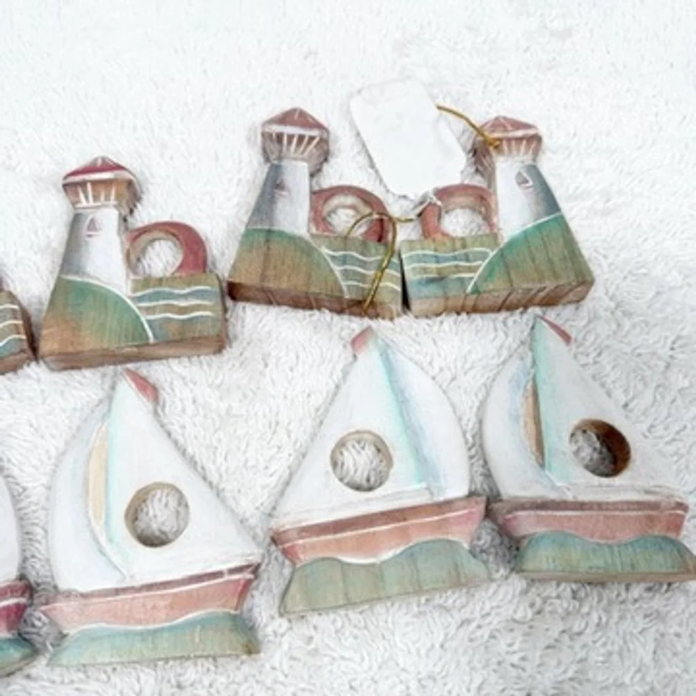 Cottage Nautical 8 Wooden Napkin Rings Sailboat Lighthouse Beach Table Decor